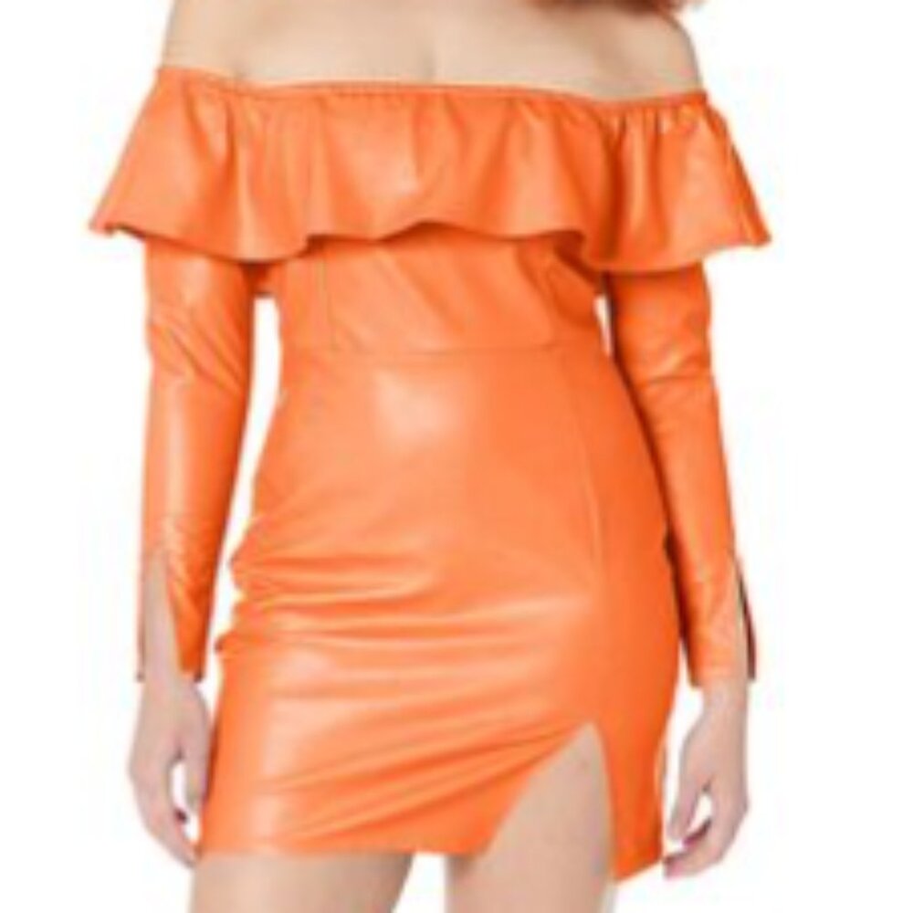 Kendall + Kylie NWT Womens Off Shoulder Faux Leather Ruffle  Bodycon Dress 4/6
